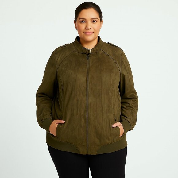 Ruff Hewn Green Faux Suede Bomber Style Zip Front Jacket Womens 2X Military - Picture 13 of 14